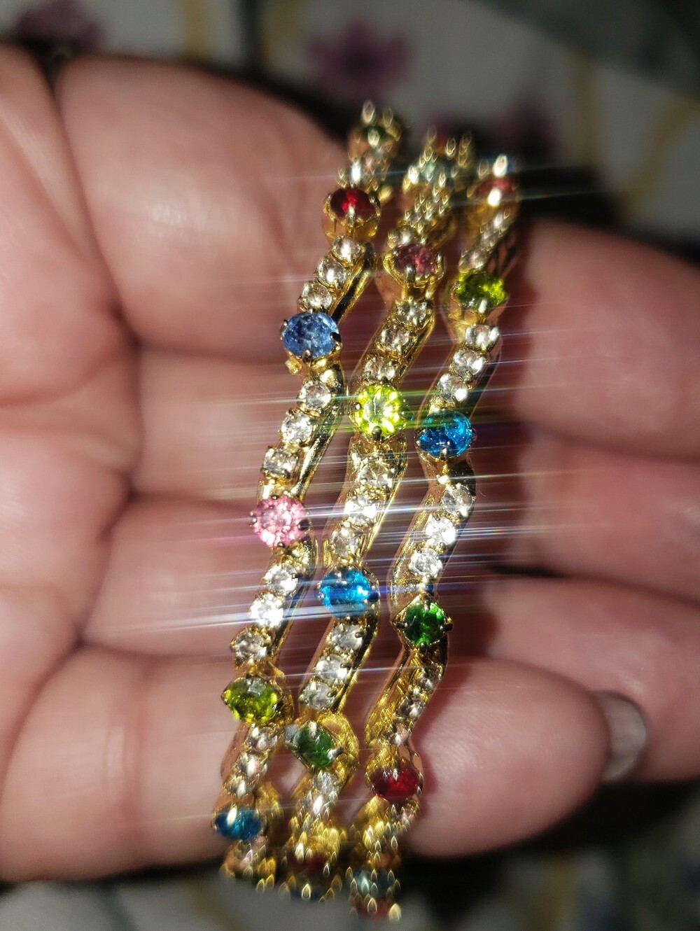 Beautiful 3 Goldtone Multi-Color Rhinestone ZigZag Bangles